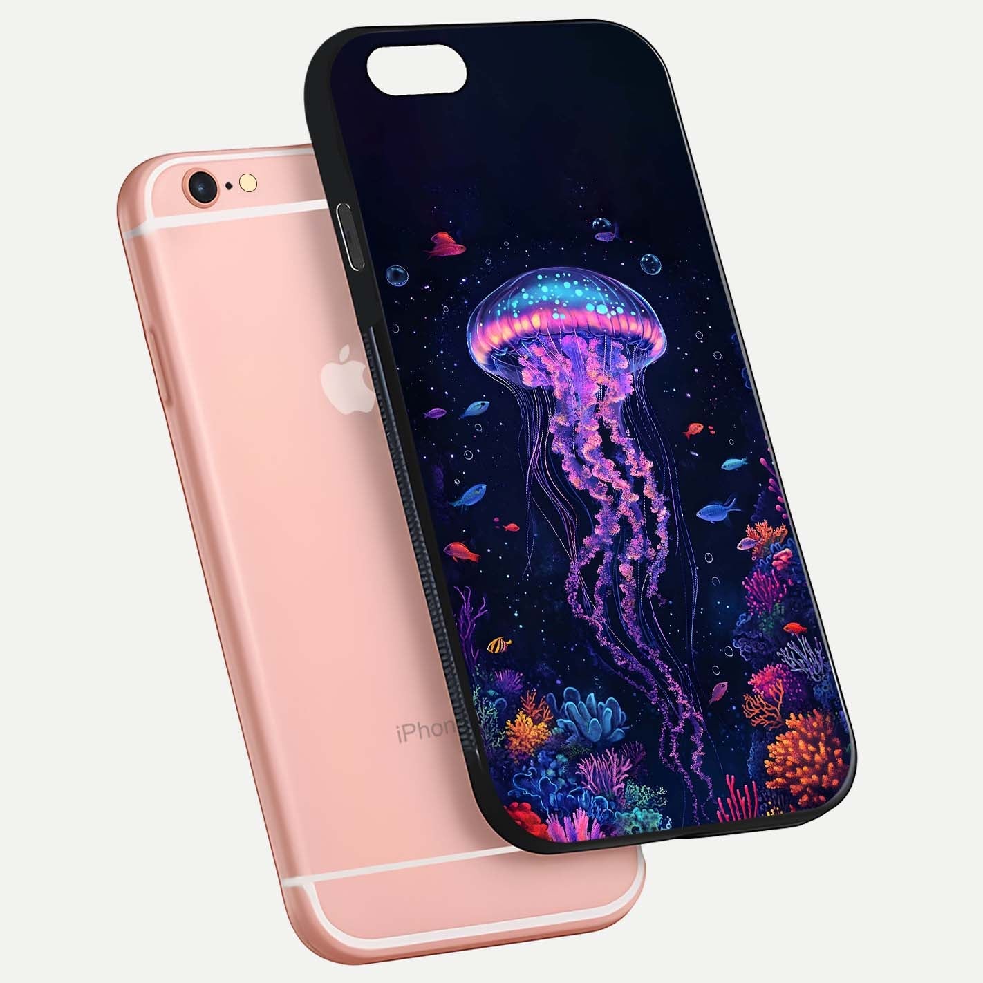 Neon Jellyfish Glass Case for iPhone 6 Plus floating dual-view mockup showing gloss texture and underwater glow