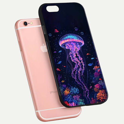 Neon Jellyfish Glass Case for iPhone 6 Plus floating dual-view mockup showing gloss texture and underwater glow