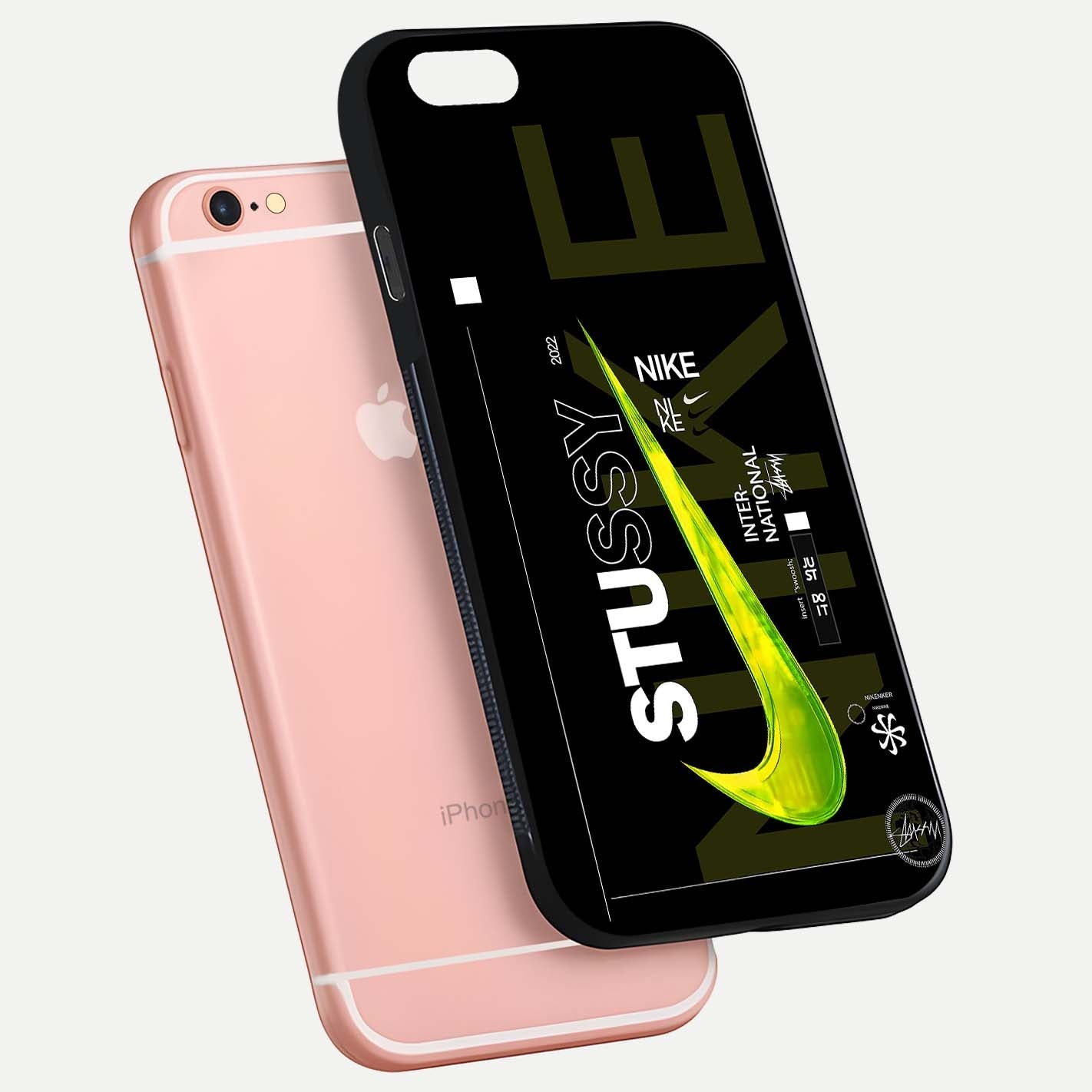 Neon Street Edition Glass Case for iPhone 6 Plus floating dual-view mockup showing HD gloss and neon glow