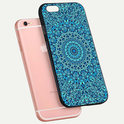 Ocean Bloom Mandala Glass Case for iPhone 6 Plus floating dual-view mockup showing gloss texture and print depth