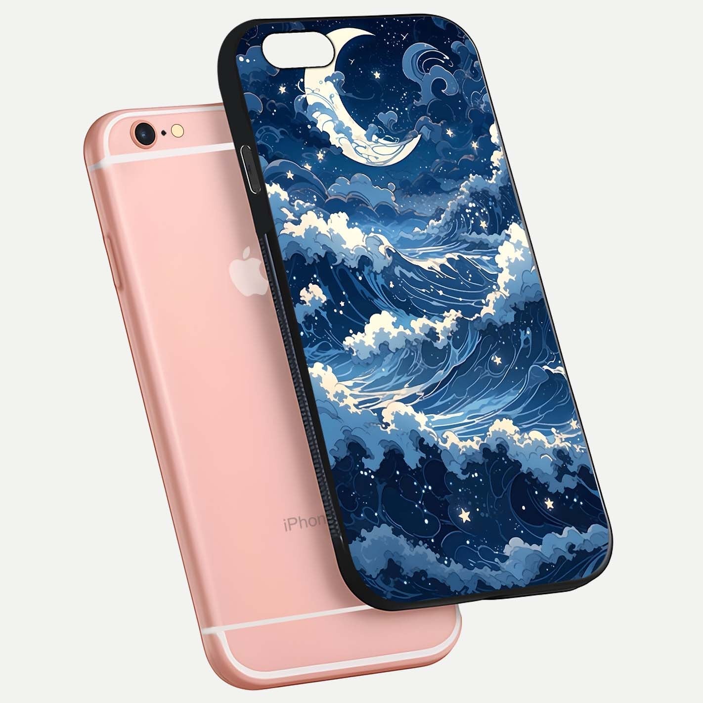 Ocean Moon Waves Glass Case for iPhone 6 Plus floating dual-view mockup showing gloss texture and moon glow