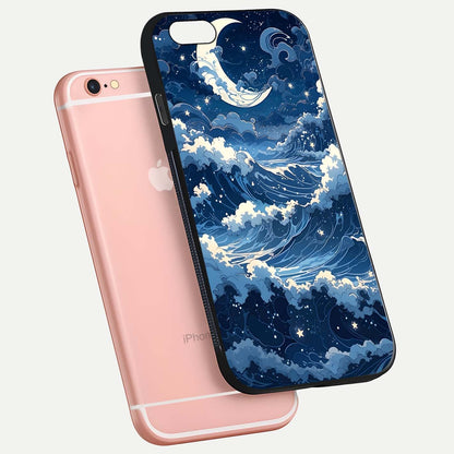 Ocean Moon Waves Glass Case for iPhone 6 Plus floating dual-view mockup showing gloss texture and moon glow