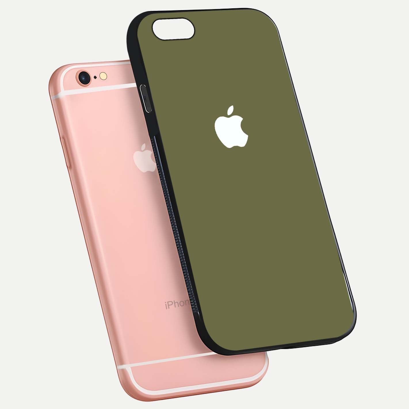 Olive Matte Essence Glass Case for iPhone 6 Plus floating dual-view mockup showing matte gloss and depth
