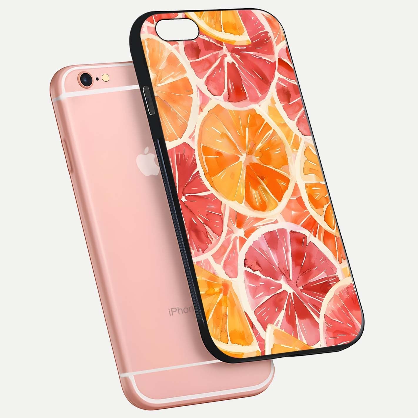 Orange Fruits Pattern Glass Case for iPhone 6 Plus floating dual-view mockup showing gloss reflection and HD tone