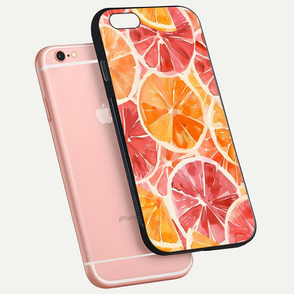 Orange Fruits Pattern Glass Case for iPhone 6 Plus floating dual-view mockup showing gloss reflection and HD tone