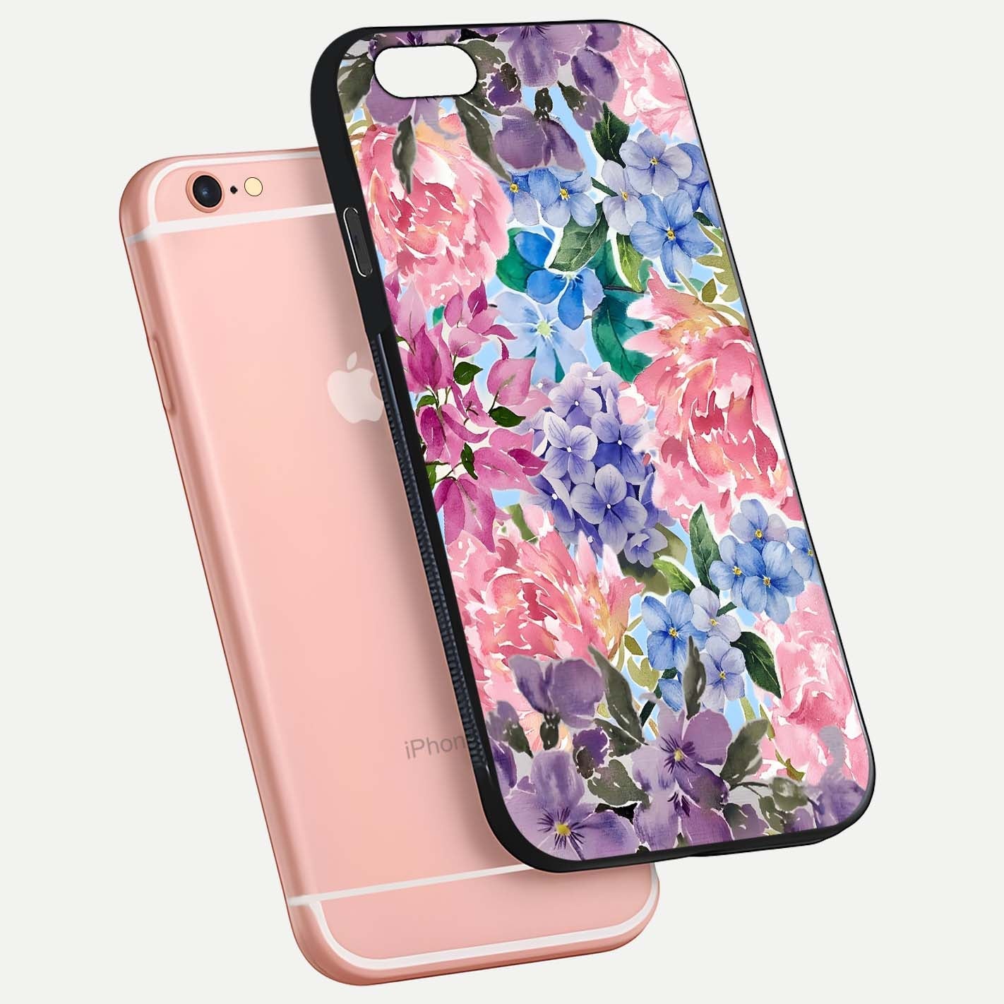Pastel Floral Mix Glass Case for iPhone 6 Plus floating dual-view mockup showing HD gloss and floral texture