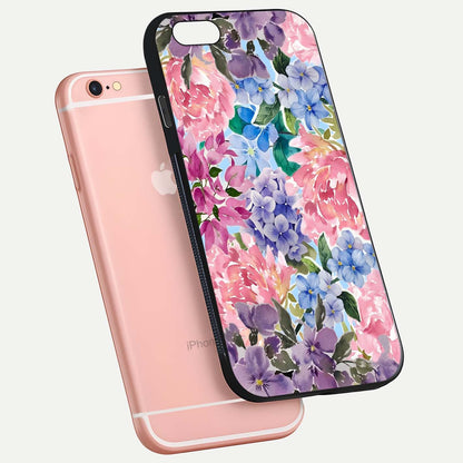 Pastel Floral Mix Glass Case for iPhone 6 Plus floating dual-view mockup showing HD gloss and floral texture