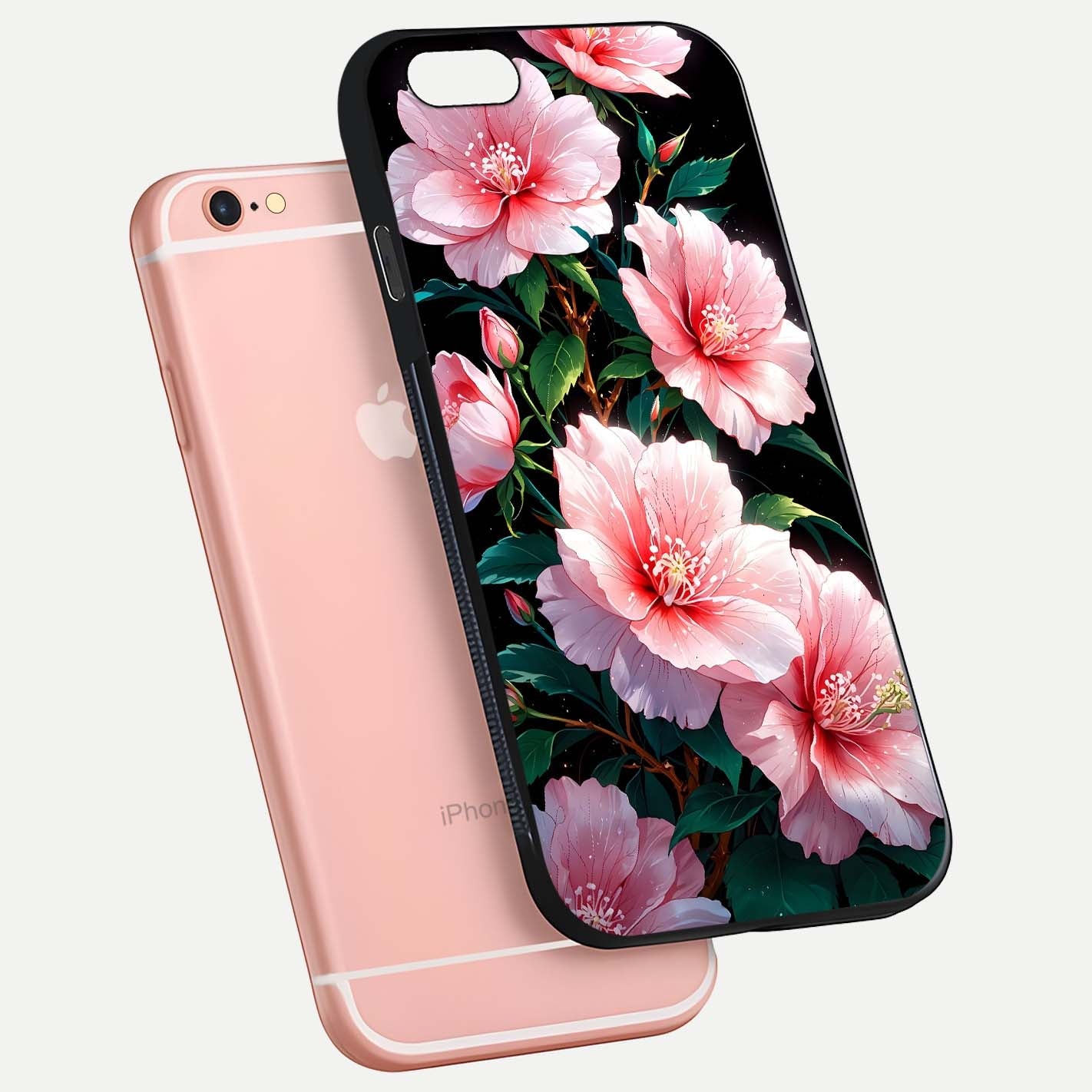 Peach Flower Glass Case for iPhone 6 Plus floating dual-view mockup displaying shine and delicate flower art