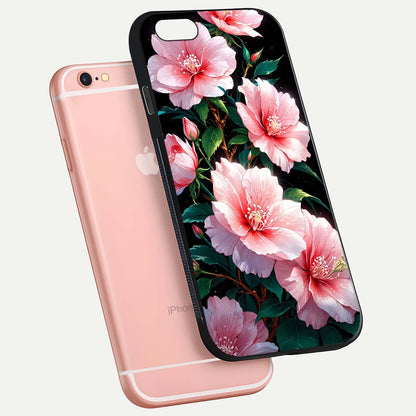 Peach Flower Glass Case for iPhone 6 Plus floating dual-view mockup displaying shine and delicate flower art