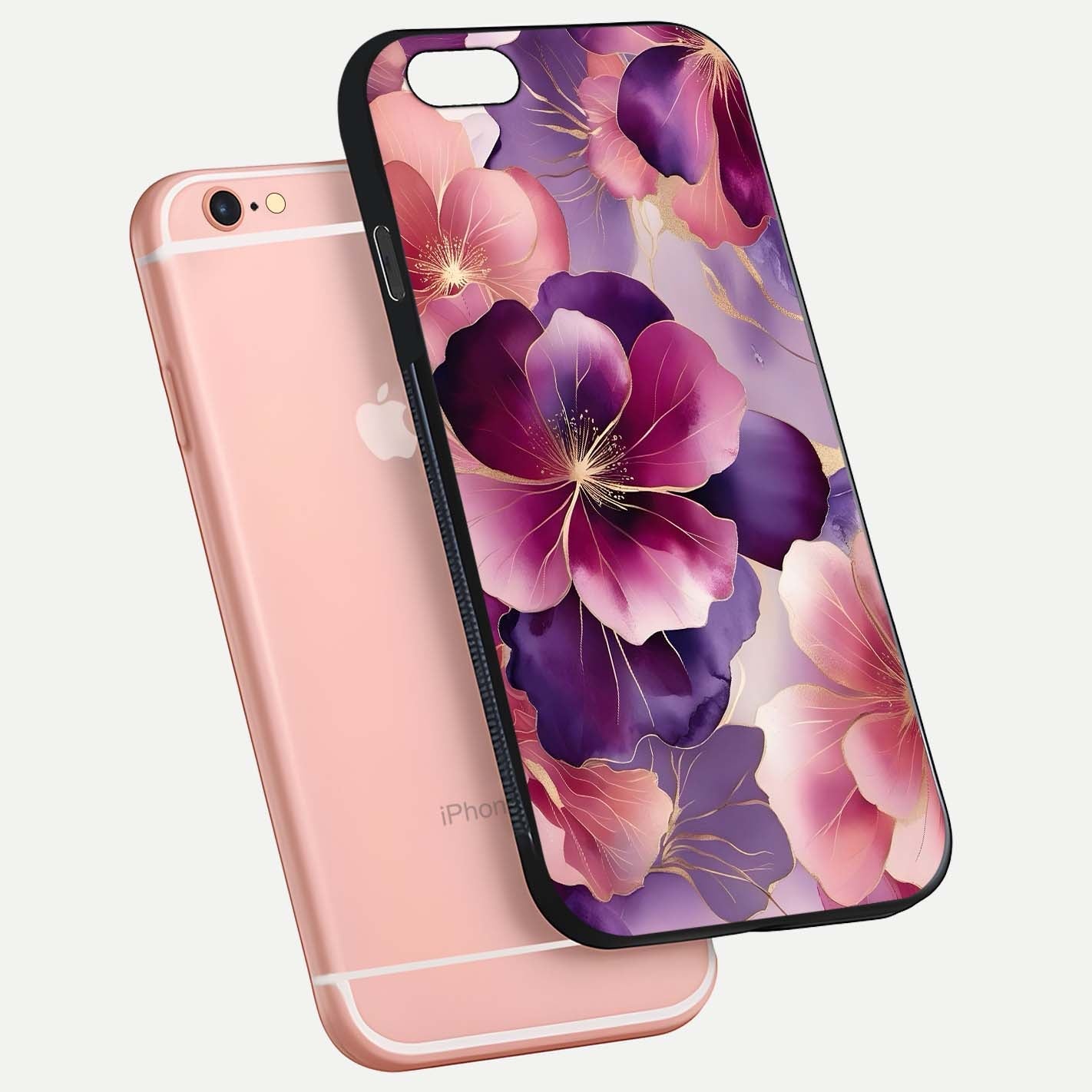 Pink Bouquet Florals Glass Case for iPhone 6 Plus floating dual-view mockup showing gloss surface and color depth