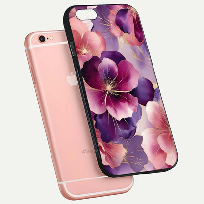 Pink Bouquet Florals Glass Case for iPhone 6 Plus floating dual-view mockup showing gloss surface and color depth