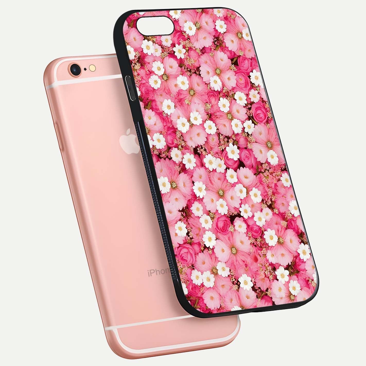 Pink Daisy Bliss Glass Case for iPhone 6 Plus floating dual-view mockup displaying gloss shine and pastel tones