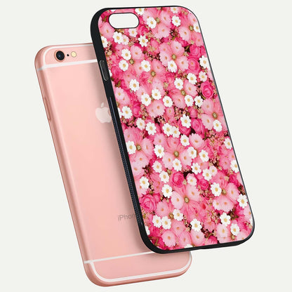 Pink Daisy Bliss Glass Case for iPhone 6 Plus floating dual-view mockup displaying gloss shine and pastel tones