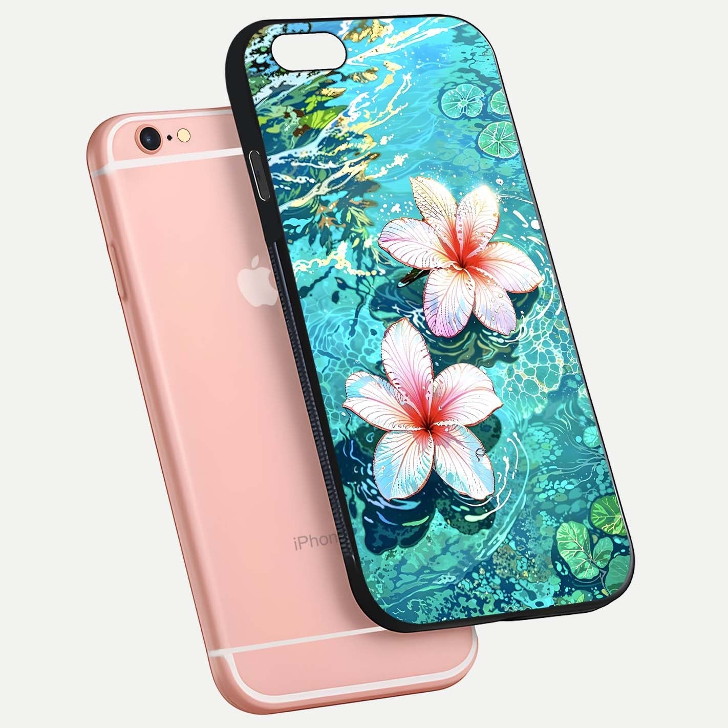 Pink Flowers in Water Glass Case for iPhone 6 Plus floating dual-view mockup showing gloss and floral clarity