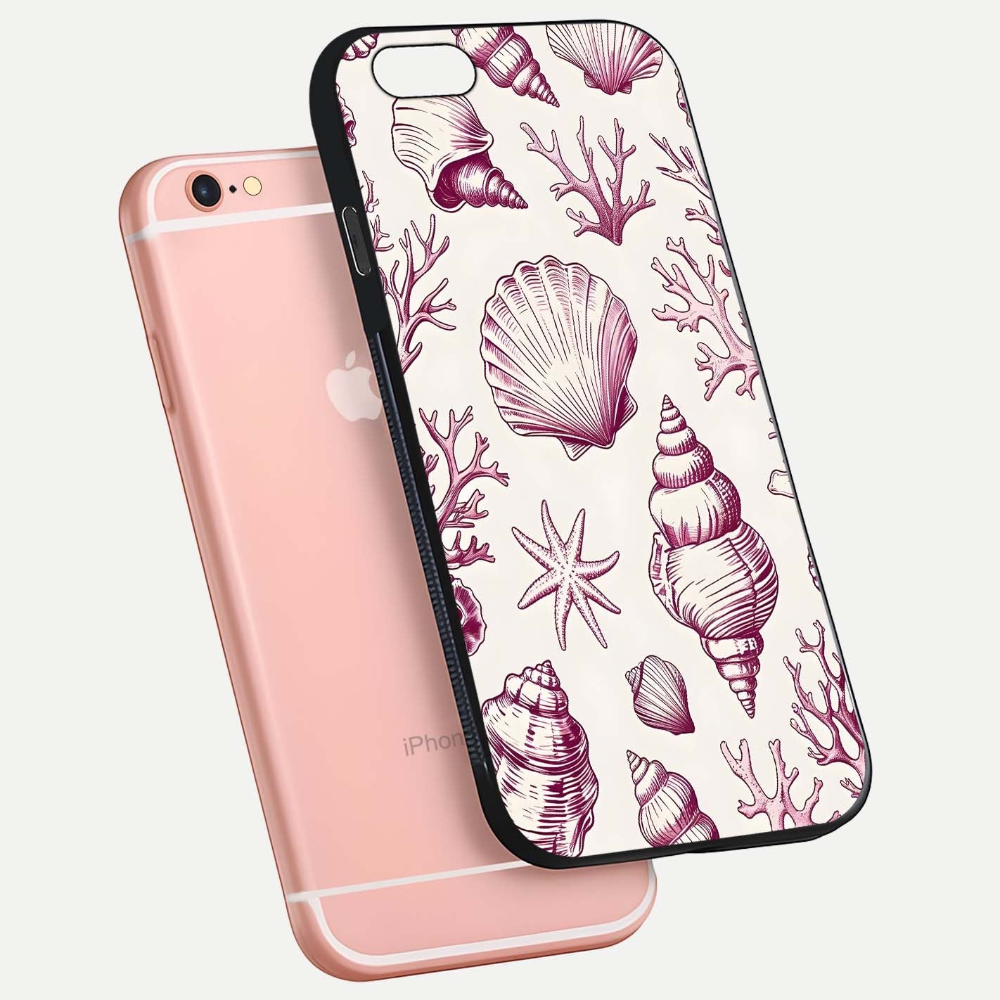 Pink Shells Outline Glass Case for iPhone 6 Plus floating dual-view mockup displaying gloss and ocean vibe