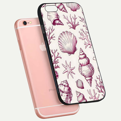 Pink Shells Outline Glass Case for iPhone 6 Plus floating dual-view mockup displaying gloss and ocean vibe
