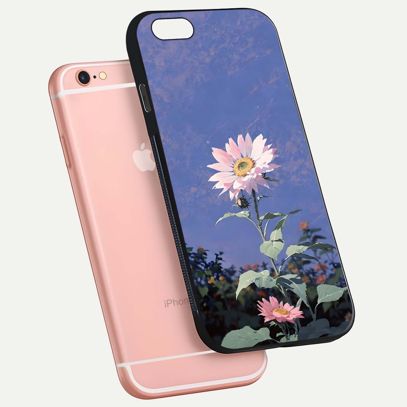 Pink Sunflower Glow Glass Case for iPhone 6 Plus floating dual-view mockup showing gloss reflection and design depth