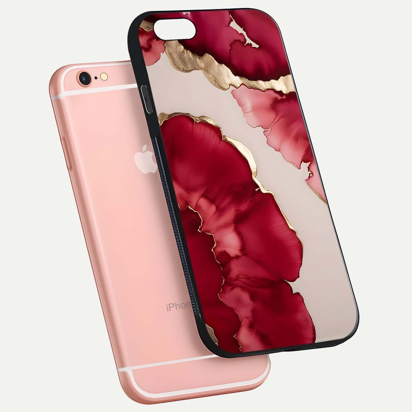 Pink & White Marble Glass Case for iPhone 6 Plus floating dual-view mockup showing HD gloss and subtle veins