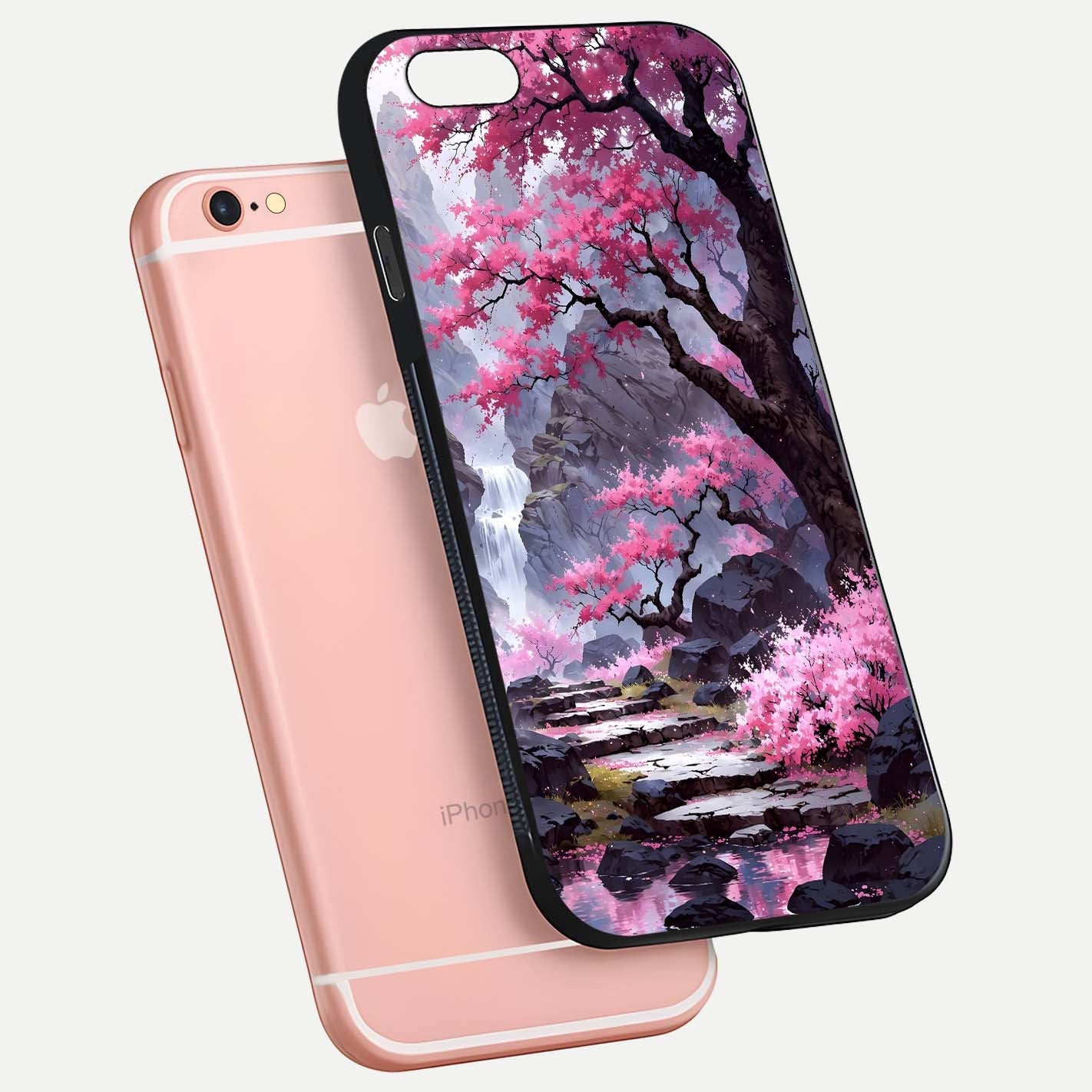 Pinkish Scenery Glass Case for iPhone 6 Plus floating dual-view mockup displaying gloss shine and artistic tone