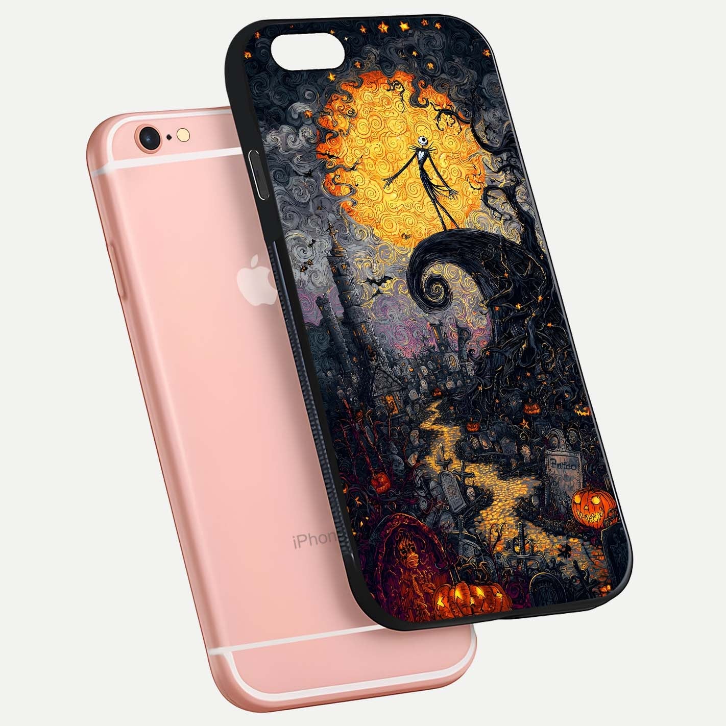 Pumpkin Moon Night Glass Case for iPhone 6 Plus floating dual-view mockup showing HD gloss and spooky detail