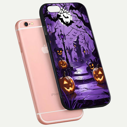 Pumpkin Patch Halloween Glass Case for iPhone 6 Plus floating dual-view mockup displaying gloss and dark tone