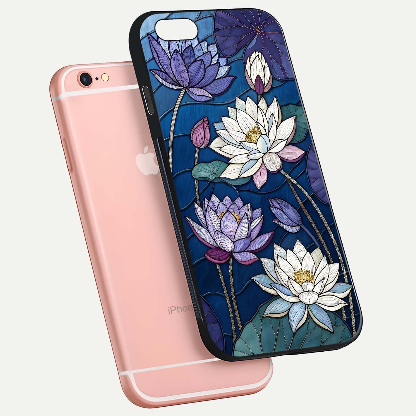 Purple Lotus Stained Glass Case for iPhone 6 Plus floating dual-view mockup displaying color depth and glass clarity