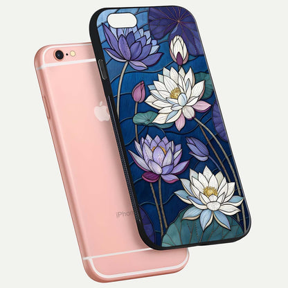 Purple Lotus Stained Glass Case for iPhone 6 Plus floating dual-view mockup displaying color depth and glass clarity