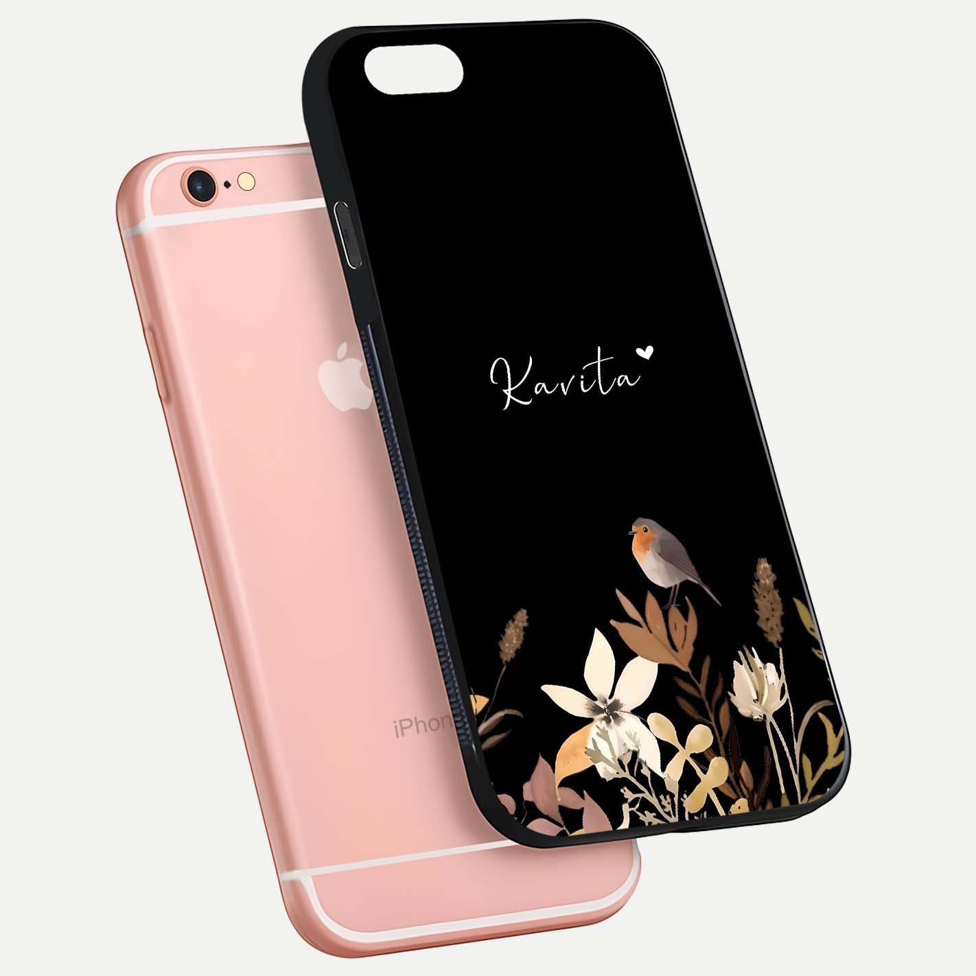 Quiet Garden Tune Custom Name Glass Case for iPhone 6 Plus floating dual-view mockup showing gloss and elegant detail