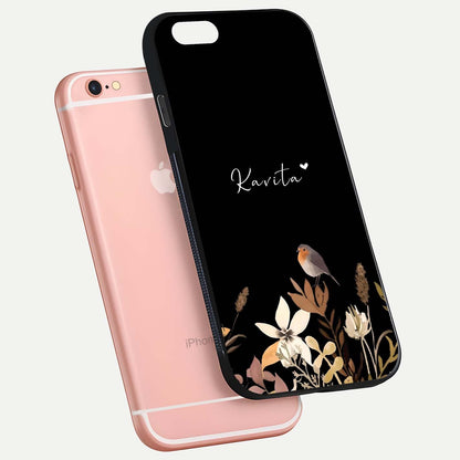 Quiet Garden Tune Custom Name Glass Case for iPhone 6 Plus floating dual-view mockup showing gloss and elegant detail