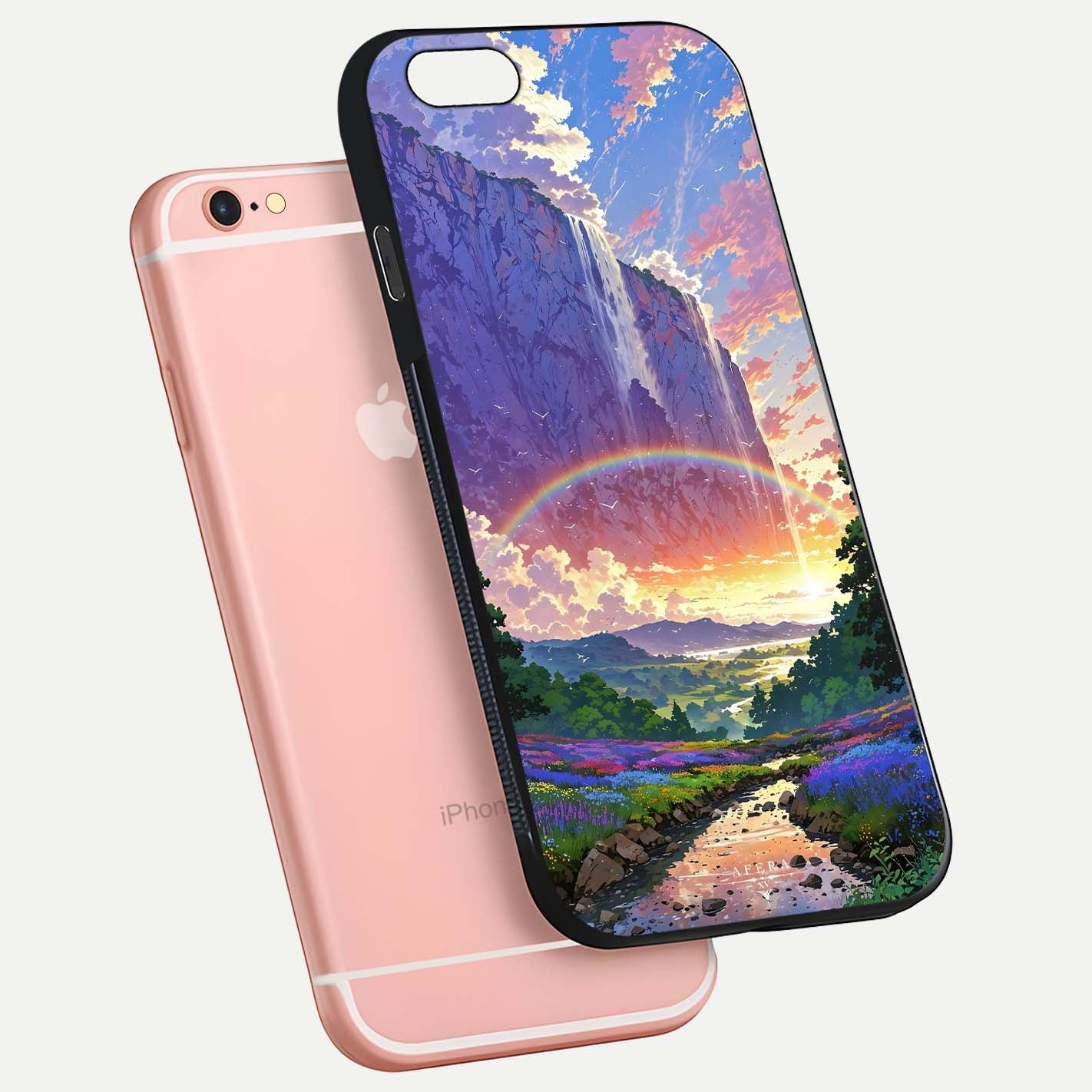 Rainbow Valley Dream Glass Case for iPhone 6 Plus floating dual-view mockup showing gloss texture and dream vibe
