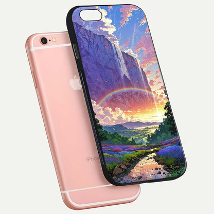 Rainbow Valley Dream Glass Case for iPhone 6 Plus floating dual-view mockup showing gloss texture and dream vibe