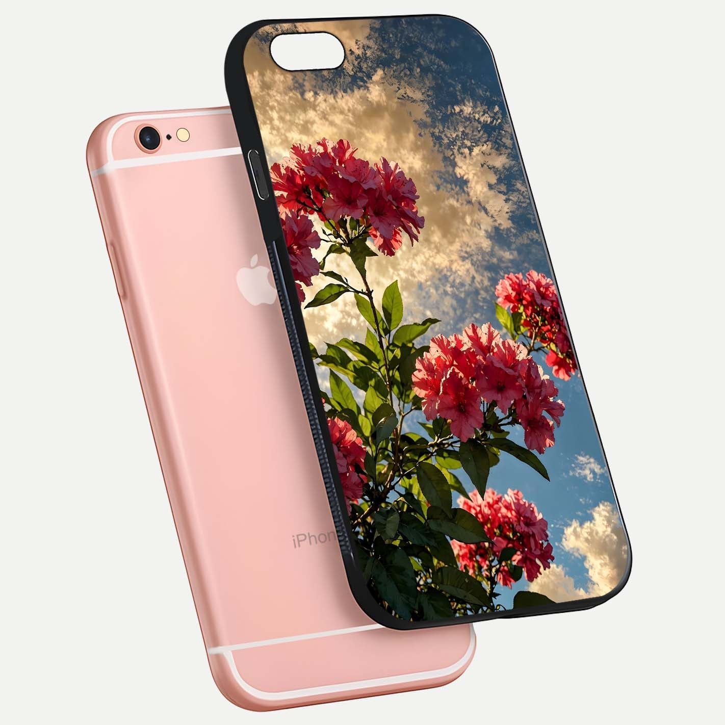 Red Bloom Skies Glass Case for iPhone 6 Plus floating dual-view mockup showing glass gloss and floral pattern