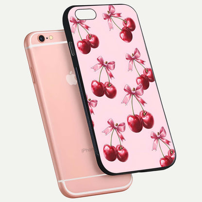 Red Cherries Pattern Glass Case for iPhone 6 Plus floating dual-view mockup showing gloss and color contrast