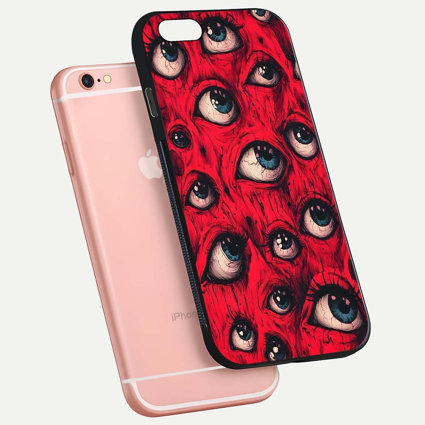 Red Eyes Pattern Glass Case for iPhone 6 Plus floating dual-view mockup displaying reflection and gloss texture