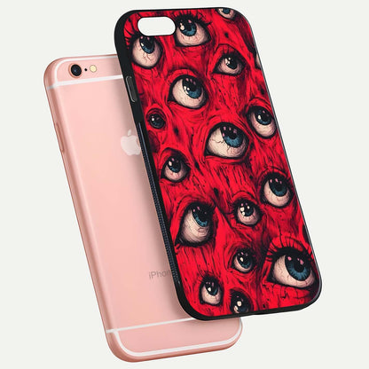 Red Eyes Pattern Glass Case for iPhone 6 Plus floating dual-view mockup displaying reflection and gloss texture