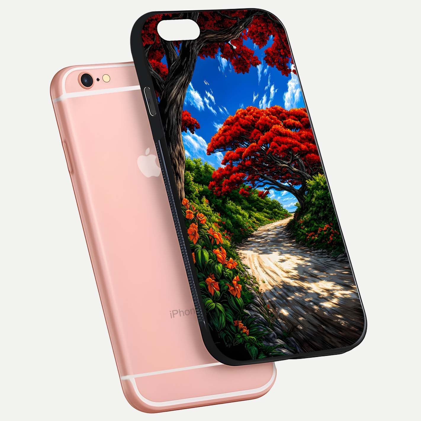 Red Trees Pathway Glass Case for iPhone 6 Plus floating dual-view mockup displaying gloss texture and print depth