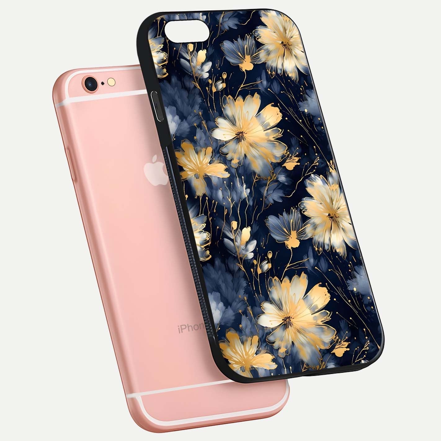 Royal Petal Dream Glass Case for iPhone 6 Plus floating dual-view mockup displaying gloss reflection and tone contrast