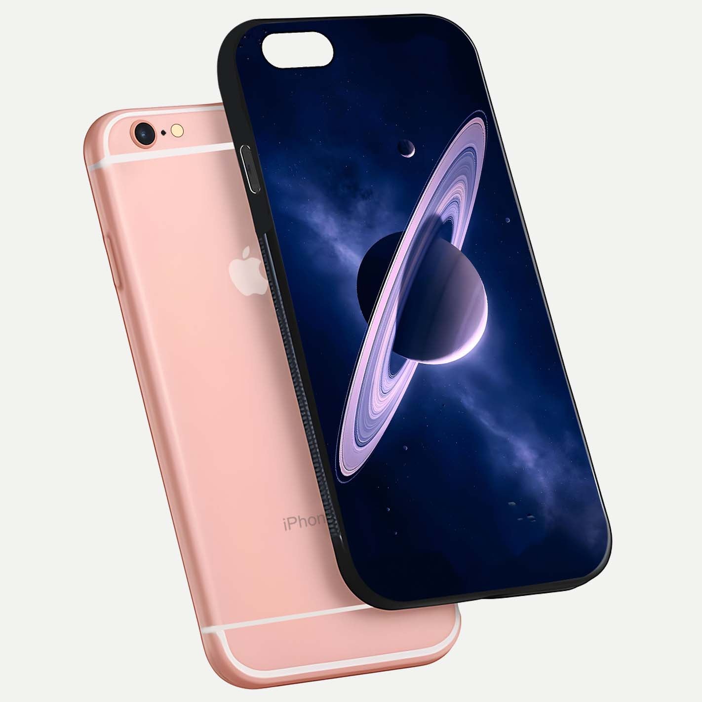 Saturn Ring Mystique Glass Case for iPhone 6 Plus floating dual-view mockup showing gloss finish and star detail