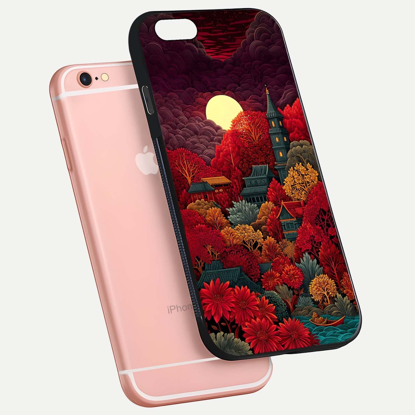 Scarlet Autumn Temple Glass Case for iPhone 6 Plus floating dual-view mockup displaying gloss shine and autumn tones