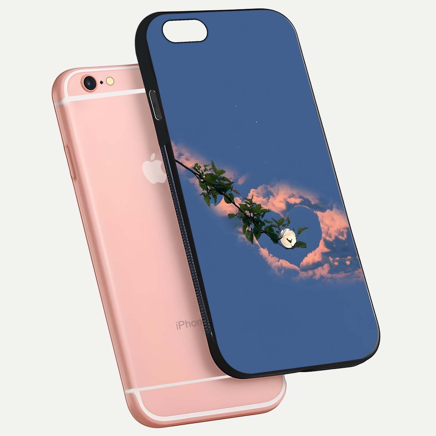 Sky Under Tree Glass Case for iPhone 6 Plus floating dual-view mockup displaying gloss reflection and landscape tone