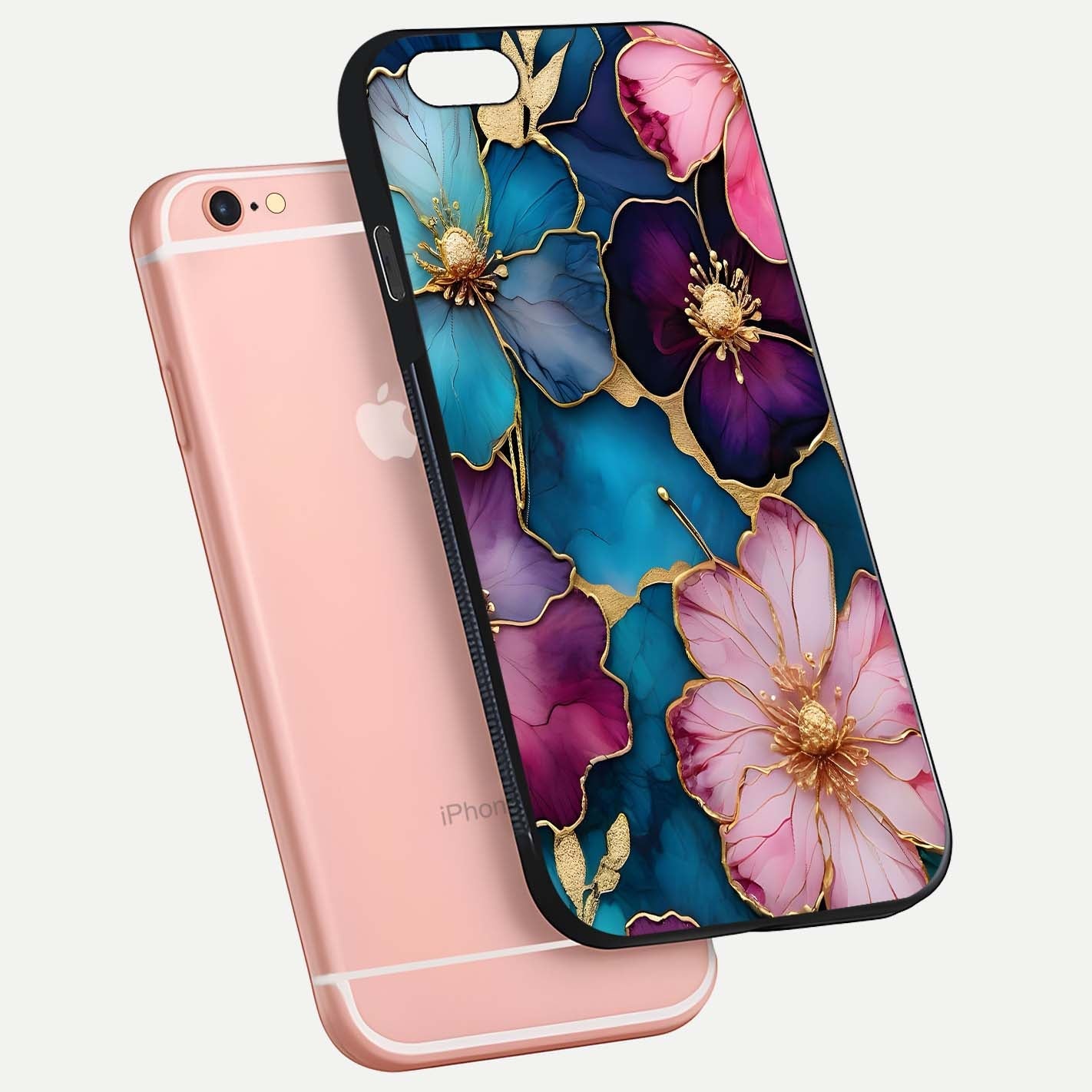 Sparkle Floral Glass Case for iPhone 6 Plus floating dual-view mockup displaying gloss surface and sparkle effect