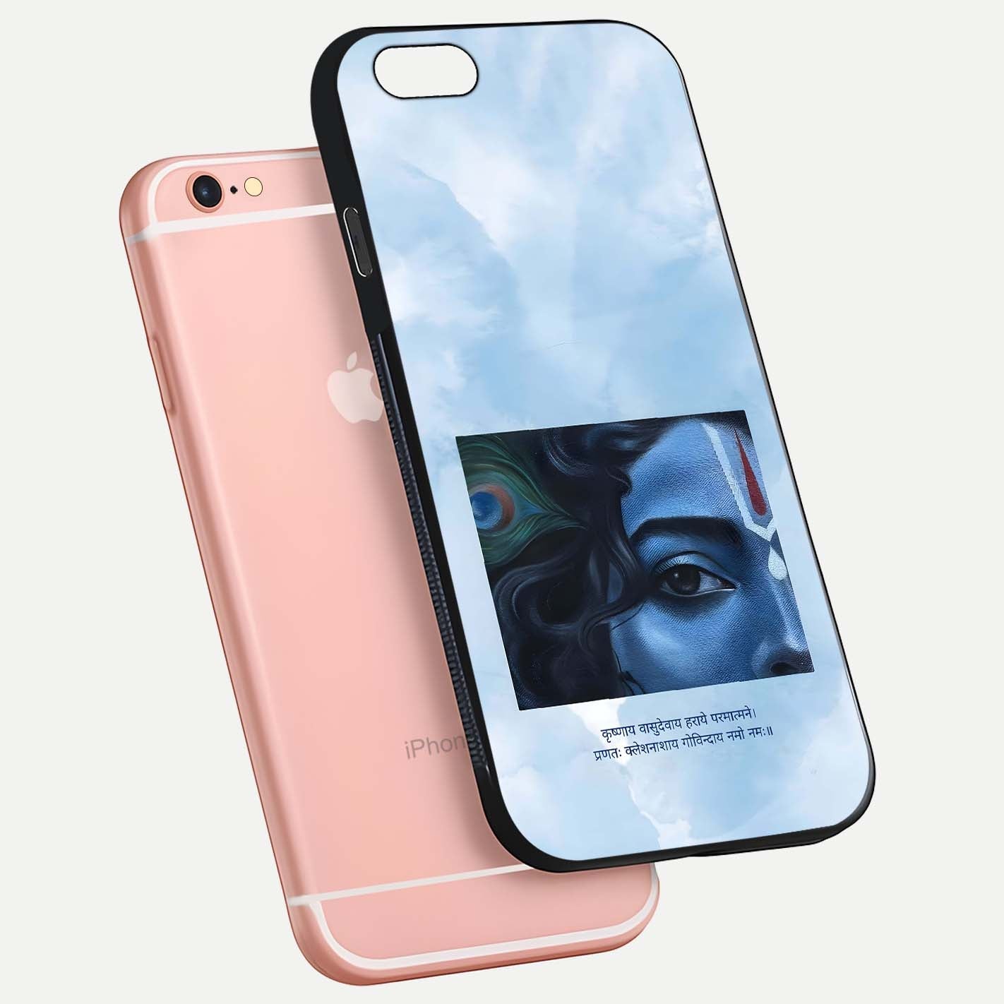 Spiritual Krishna Glass Case for iPhone 6 Plus floating dual-view mockup displaying gloss shine and divine detail
