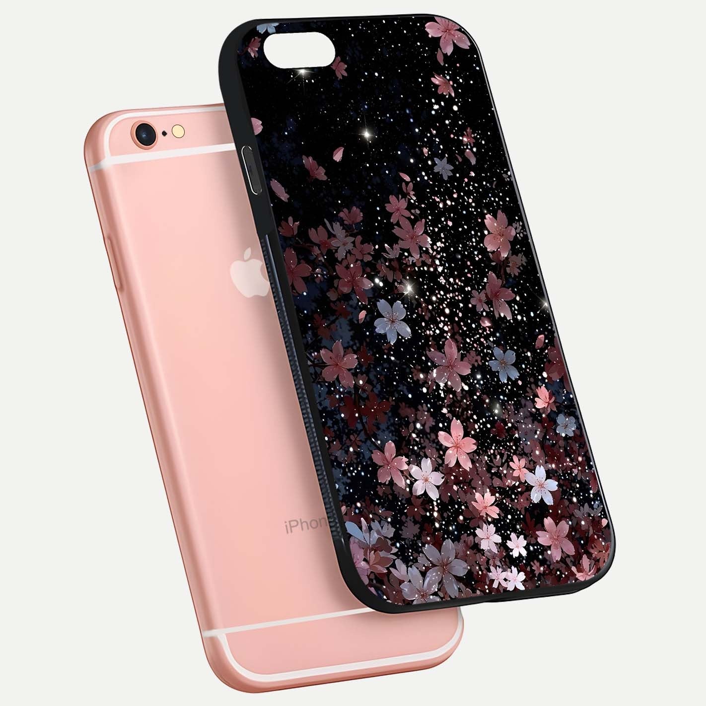 Starlit Flower Dreams Glass Case for iPhone 6 Plus floating dual-view mockup displaying gloss and print clarity