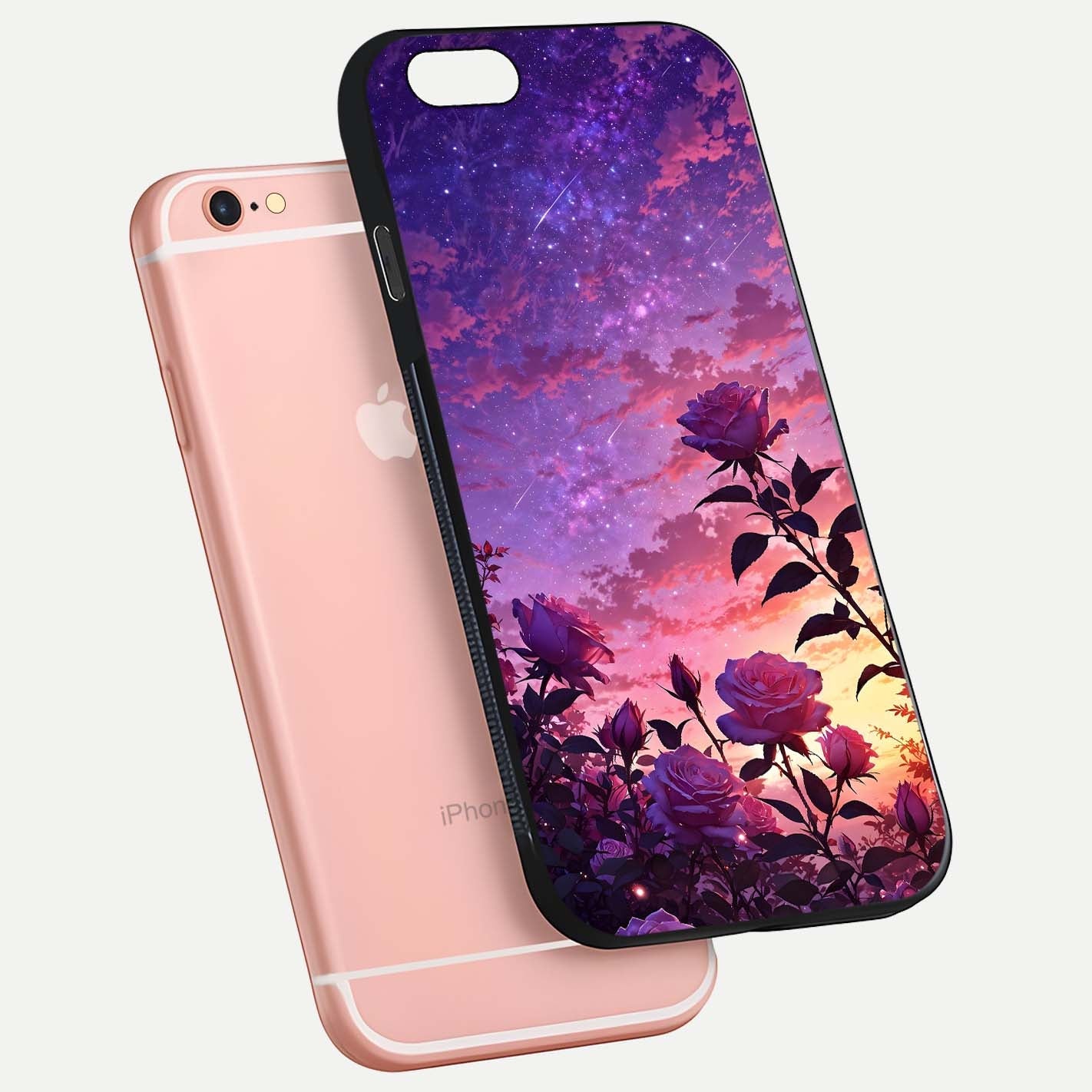 Starlit Rose Twilight Glass Case for iPhone 6 Plus floating dual-view mockup displaying gloss shine and depth