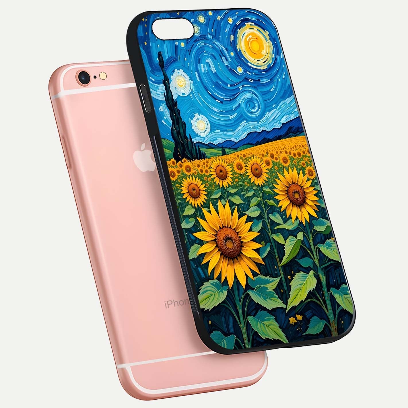 Starry Sunflower Dreams Glass Case for iPhone 6 Plus floating dual-view mockup displaying gloss and vivid print