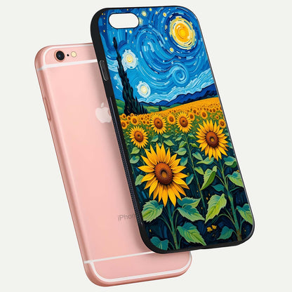 Starry Sunflower Dreams Glass Case for iPhone 6 Plus floating dual-view mockup displaying gloss and vivid print