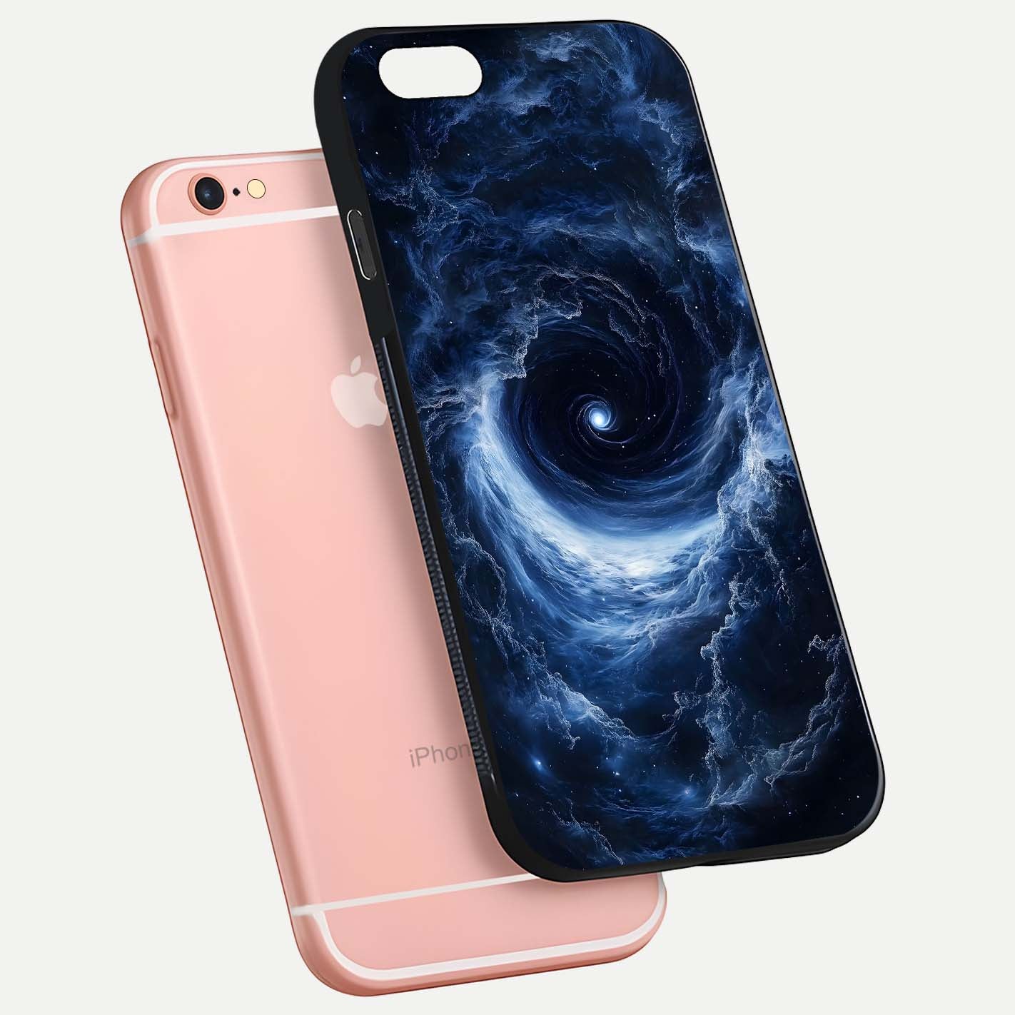 Stunning Galaxy Glass Case for iPhone 6 Plus floating dual-view mockup displaying gloss shine and vivid print depth