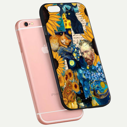Sunflower Cat Art Glass Case for iPhone 6 Plus floating dual-view mockup displaying gloss shine and HD art print