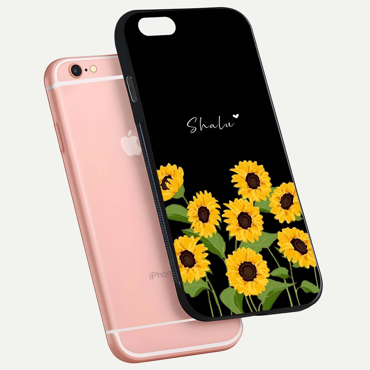 Sunflower Chic Mood Custom Name Glass Case for iPhone 6 Plus floating dual-view mockup displaying gloss texture and detail