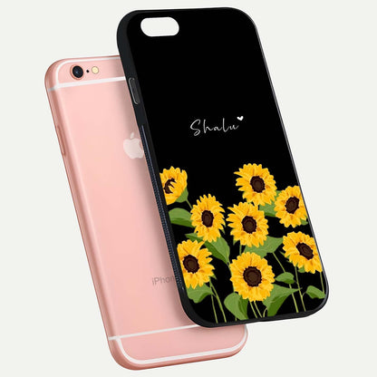Sunflower Chic Mood Custom Name Glass Case for iPhone 6 Plus floating dual-view mockup displaying gloss texture and detail